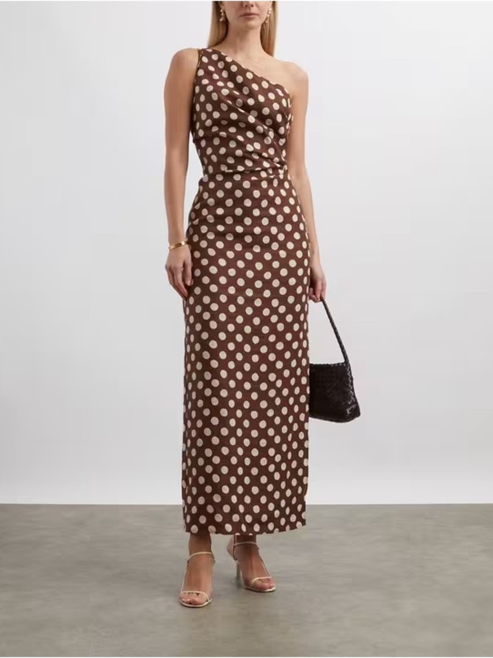 NWT FAITHFULL the Brand Simona One Shoulder Polka Dot Maxi Linen Dress Brown